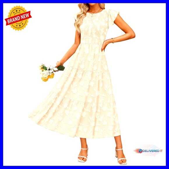 Dresses & Skirts - Boho Floral Midi Dress Short Sleeve Smocked A-Line Maxi Beach Vacation